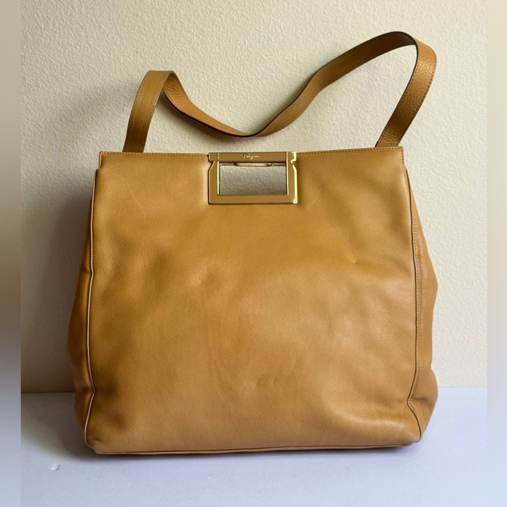 Salvatore Ferragamo Hand Bag Leather 2way Beige Tan Gold